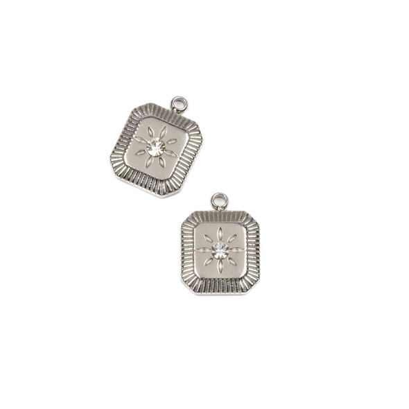 Silver 304 Stainless Steel 10x13mm Square Star Burst Charm with Clear Cubic Zirconia - 2 per bag