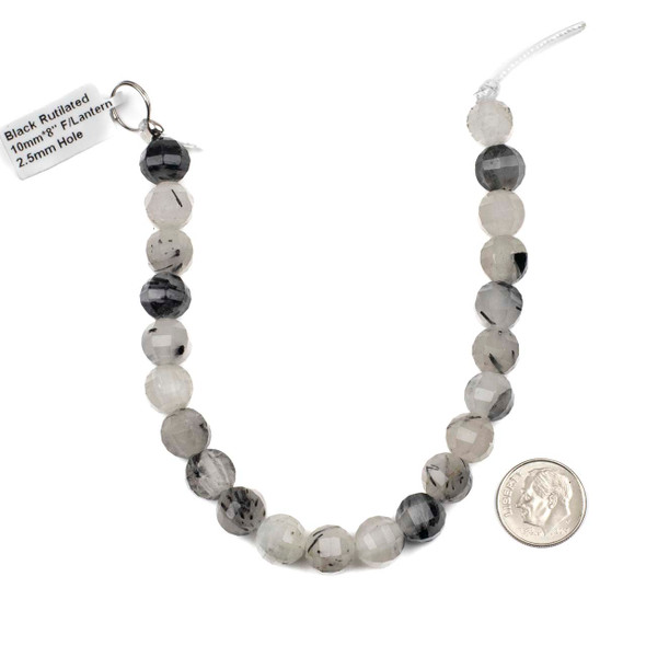 Large Hole Black Rutilated Quartz 10mm Faceted Lantern Beads with a 2.5mm Drilled Hole - approx. 8 inch strand