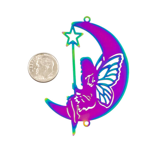 Purple Rainbow Stainless Steel 31x71mm Fairy Sitting on the Moon Link Component - 1 per bag