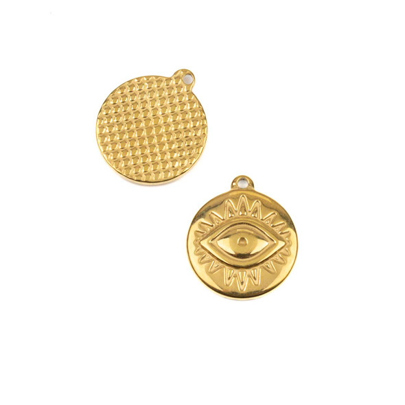 14k Gold Plated 304 Stainless Steel 17x19mm Evil Eye Coin Charms - 2 per bag