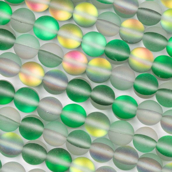Mermaid Glass or Imitation Glass Moonstone 8mm Matte Green Rainbow Round Beads - 15 inch strand