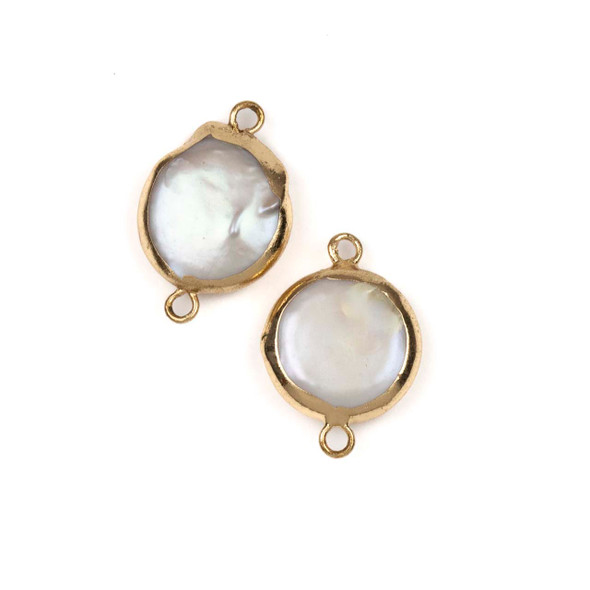 Fresh Water Pearl approx. 14x20mm White Coin Links with Gold Plated Brass Bezel and Loops - 2 per bag