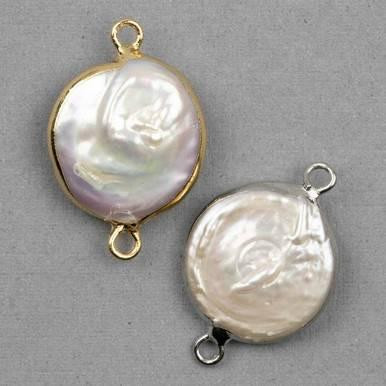 Cherry Tree Beads Freshwater Pearl approx. 16x24mm White Coin Links with Plated Brass Bezel and Loops - 2 per bag 