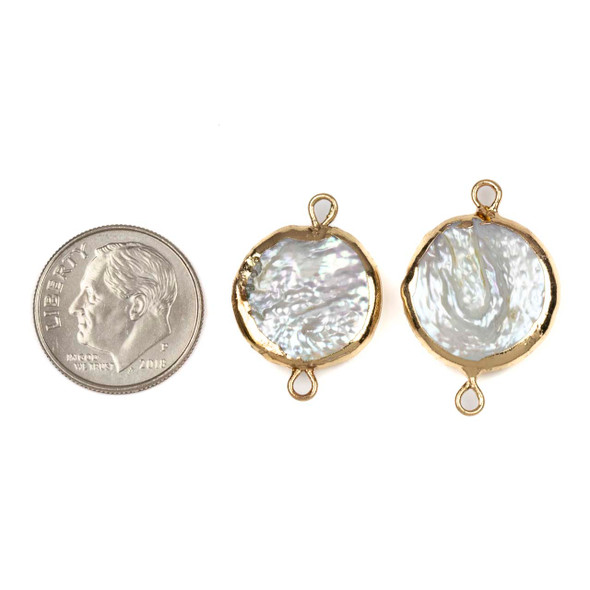 Fresh Water Pearl approx. 16x21mm White Coin Links with Gold Edges and Loops - 2 per bag