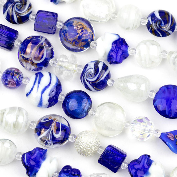 Cherry Tree Beads Mixed Handmade Lampwork Glass Strand - Cobalt Blue & White Mix 