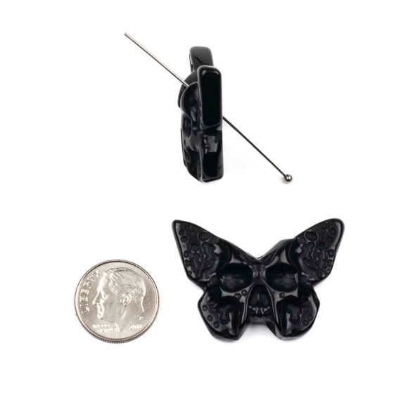 Black Obsidian approx. 26x37mm Top to Back Drilled Skull Faced Butterfly Pendant - 1 per bag