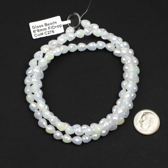 Crystal 6x6mm Opaque Pearl White Faceted Rounded Teardrop Beads with an AB finish - 24 inch strand