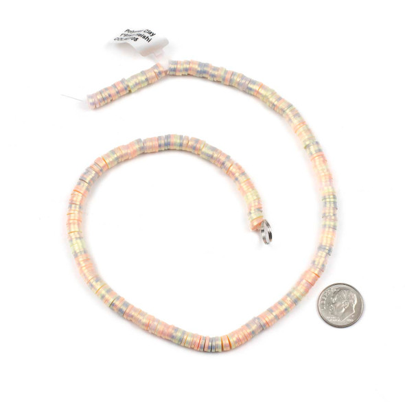 Polymer Clay 1x6mm Heishi Beads - Shimmering Peach Rainbow Mix with Gold Luster #EF05, 16 inch strand