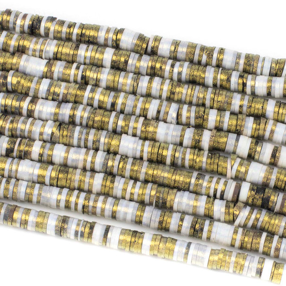 Polymer Clay 1x6mm Heishi Beads - Shimmering Gold Rush Mix with Gold Luster #EF13, 16 inch strand