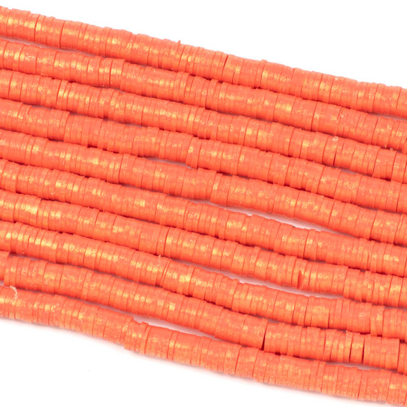 Polymer Clay 1x6mm Heishi Beads - Shimmering Coral Orange Mix with Gold Luster #EF19, 16 inch strand