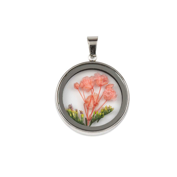 Stainless Steel 27x30mm Locket with Pink Dried Flowers - QBY-007, 1 per bag