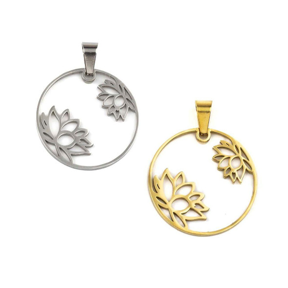 Cherry Tree Beads 304 Stainless Steel 25mm Open Coin Pendants with Lotus Flowers and 4x8mm Bail - 2 per bag 