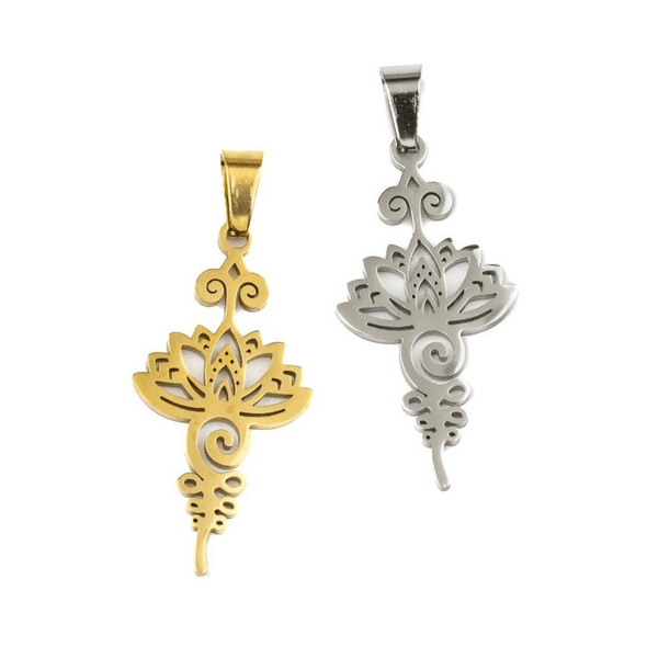Cherry Tree Beads Stainless Steel 17x34mm Unalome Pendant with Lotus Flower and 4x8mm Bail - 2 per bag 