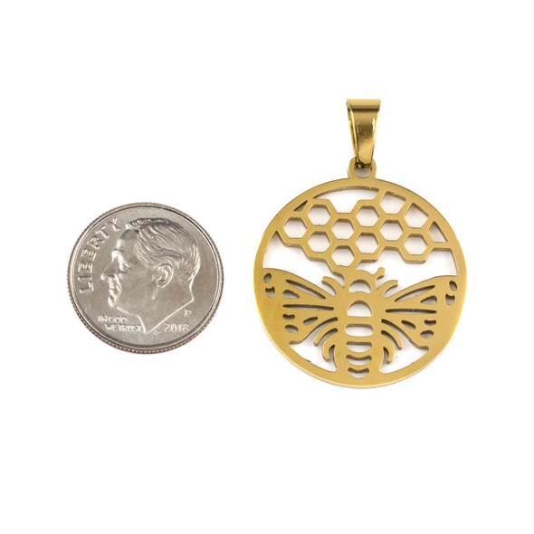 18k Gold Plated Stainless Steel 25mm Open Coin Pendants with Honey Bee and 4x8mm Bail - 2 per bag