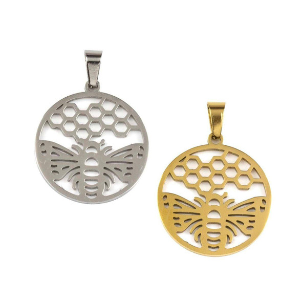 Cherry Tree Beads 304 Stainless Steel 25mm Open Coin Pendants with Honey Bee and 4x8mm Bail - 2 per bag 