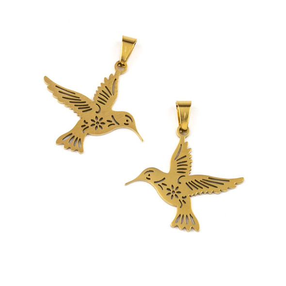18k Gold Plated Stainless Steel 22x30mm Hummingbird Pendants with 4x8mm Bail - 2 per bag