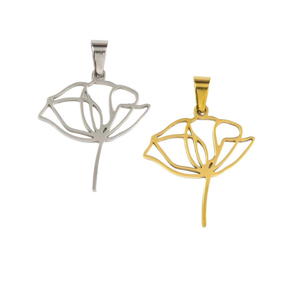 Cherry Tree Beads 304 Stainless Steel 25x27mm Stemmed Flower Pendants with 4x8mm Bail - 2 per bag 