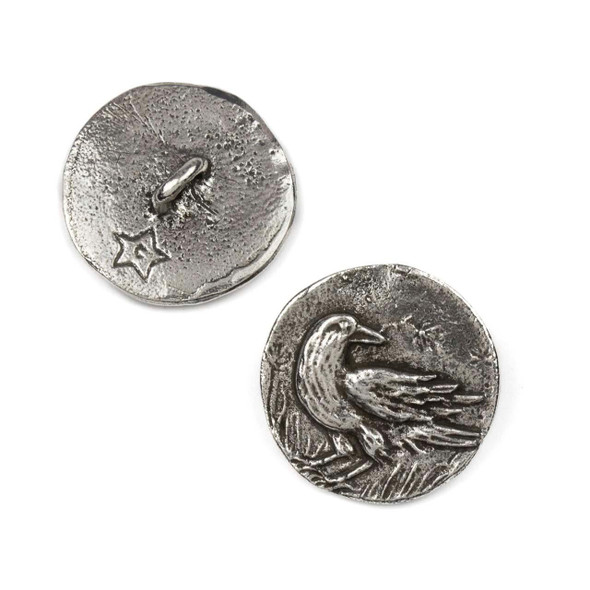 Green Girl Studios pewter approx. 23mm Raven Button, featuring a detailed raven design, crafted from pewter for jewelry making and decorative accents.