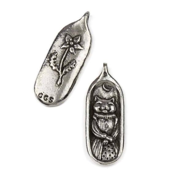 Green Girl Studios pewter approx. 13x35mm Fancy Cat pendant, featuring a detailed cat design with a moon and floral accents, crafted from pewter for jewelry making and whimsical designs.