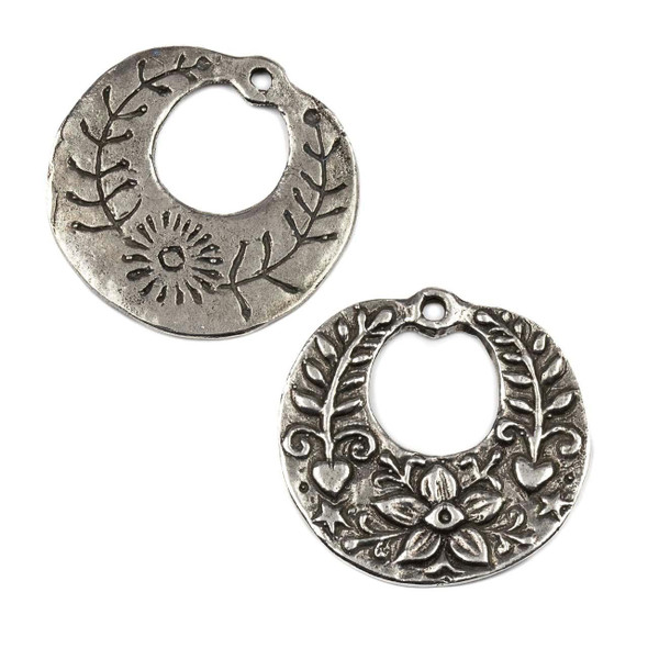Green Girl Studios pewter approx. 37x38mm Large Round Floral Pendant, featuring intricate floral and heart designs, crafted from pewter for jewelry making and statement pieces.