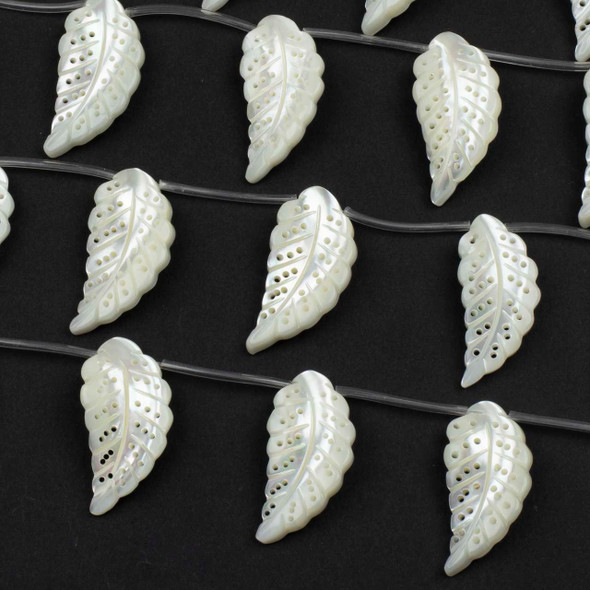 Cherry Tree Beads Mother of Pearl 15x30mm White Top Drilled Carved Leaf Beads - 15 inch strand 