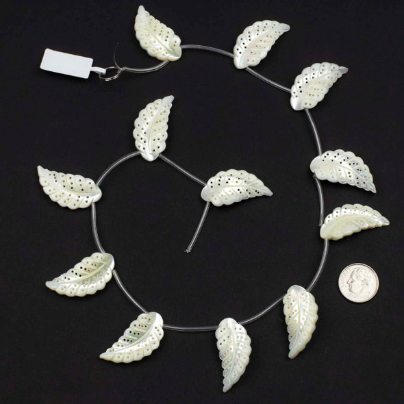 Cherry Tree Beads Mother of Pearl 15x30mm White Top Drilled Carved Leaf Beads - 15 inch strand 