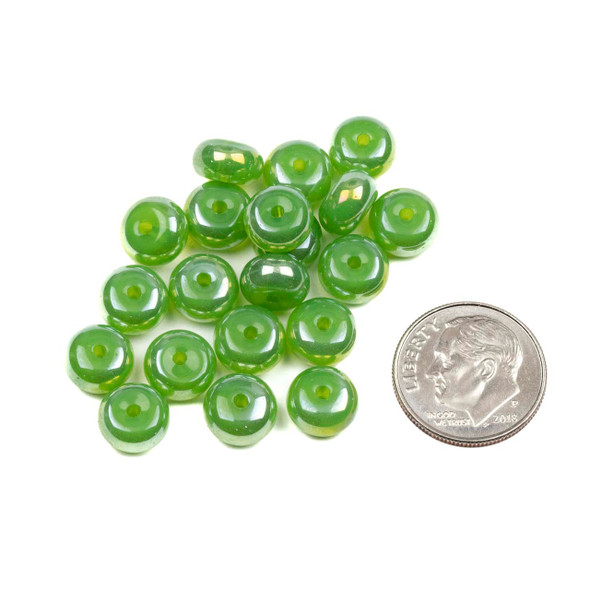 Glass 5x8mm Opaque Green Apple Rondelle Beads with an AB finish - 16 inch strand