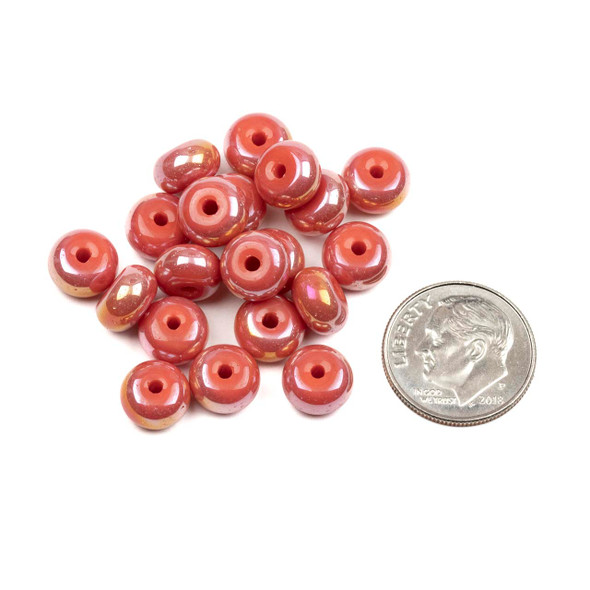 Glass 5x8mm Opaque Coral Pink Rondelle Beads with an AB finish - 16 inch strand