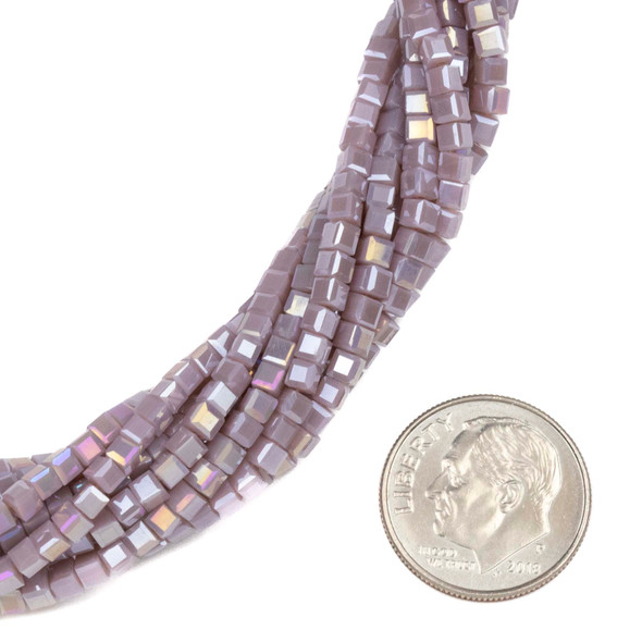 Crystal Beads - approx. 2mm Faceted Cube, Opaque Lavender Purple with an AB finish, 18 inch strand