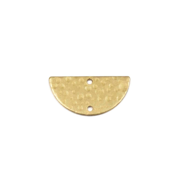 Textured half moon link component in brass, with two holes, available in raw or coated finishes, displayed on a neutral background.
