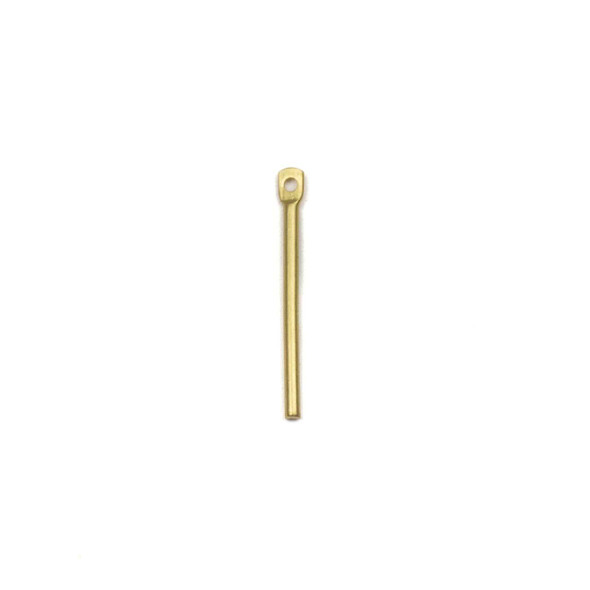 One slender 1x20mm round bar drop component available  in raw and coated brass, shown on a neutral background to highlight their sleek metallic finish.