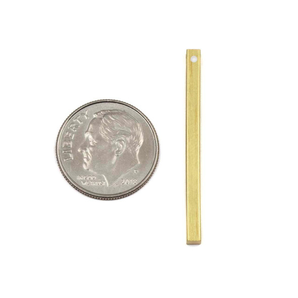 Rectangular brass bar drop components measuring 2.5x35mm, available in raw and coated brass finishes with a top hole for jewelry making.