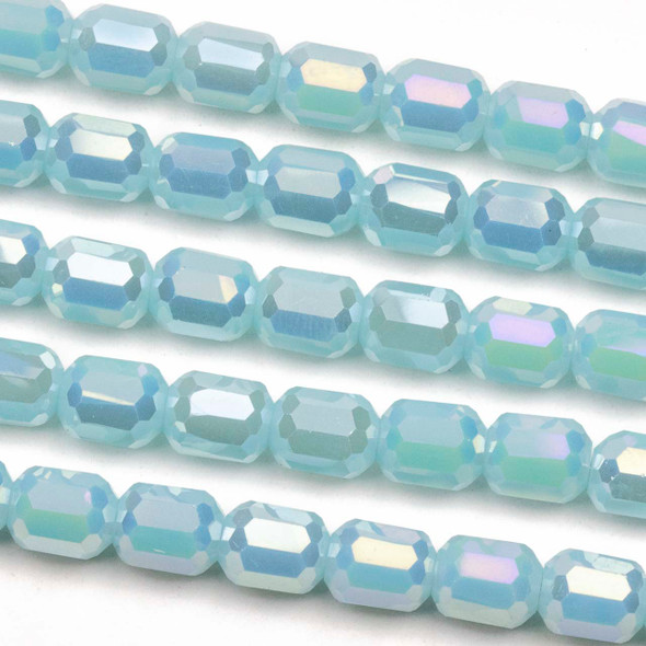 Crystal 6x7mm Opaque Baby Blue Faceted Tube Beads with an AB finish - 8 inch strand