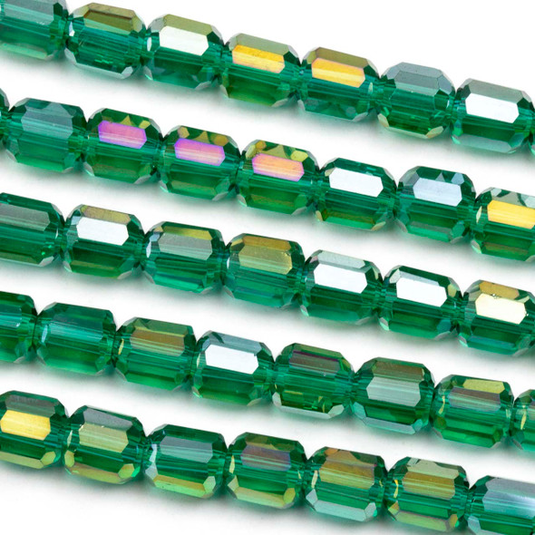 Crystal 6x7mm Emerald Green Faceted Tube Beads with a Golden AB finish - 8 inch strand