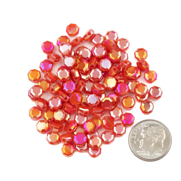 Cherry Tree Beads Crystal Beads - 5mm Faceted Octagonal Coin, Opaque Coral Pop with an AB finish, 20 inch strand 