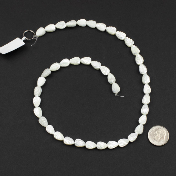 Cherry Tree Beads Mother of Pearl 6x9mm White Carved Leaf Beads - 16 inch strand 