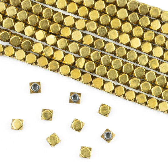 Cherry Tree Beads Synthetic Hematite Electroplated Gold 3x3mm Faceted Cube Beads - 16 inch strand 
