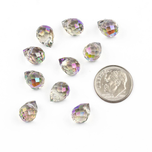 Cherry Tree Beads Crystal Beads - 8x10mm Faceted Top Drilled Rounded Teardrop, Light Black Diamond with a Rainbow AB finish, 8 inch strand 