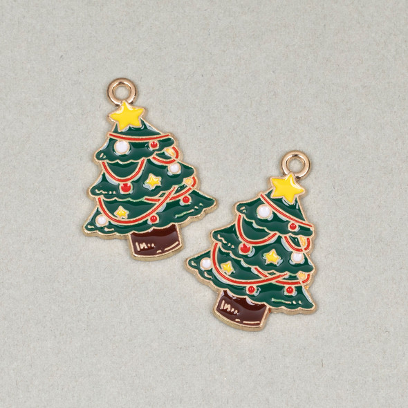 Enameled Gold Pewter 18x25mm Christmas Tree with Red Garland and Yellow Star for DIY Christmas designs.