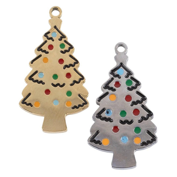 Cherry Tree Beads Stainless Steel 11x20mm Christmas Tree with Enameled Multicolored Ornaments Charms - 2 per bag  Cherry Tree Beads Stainless Steel 11x20mm Christmas Tree with Enameled Multicolored Ornaments Charms - 2 per bag