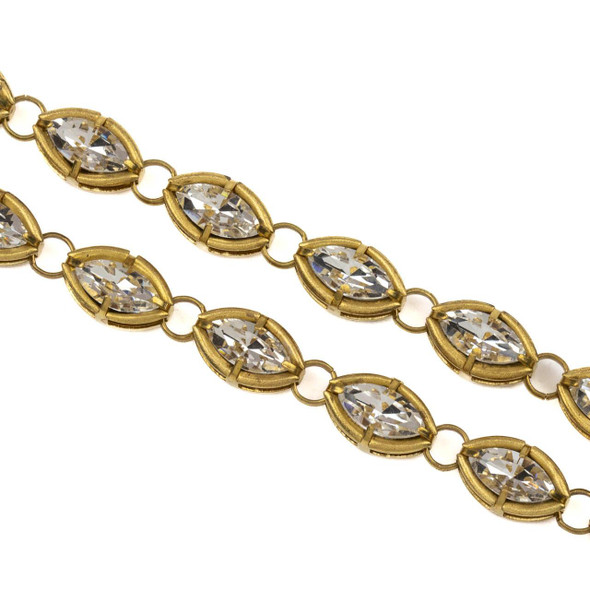 Cherry Tree Beads Raw Brass Crystal Chain - 8x13mm Marquise Links with Clear Crystals and 5mm Open Jump Rings, 1 meter