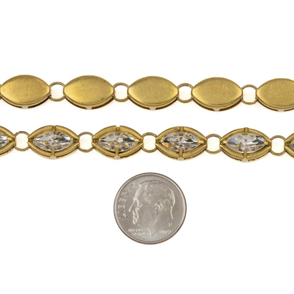 Cherry Tree Beads Raw Brass Crystal Chain - 8x13mm Marquise Links with Clear Crystals and 5mm Open Jump Rings, 1 meter