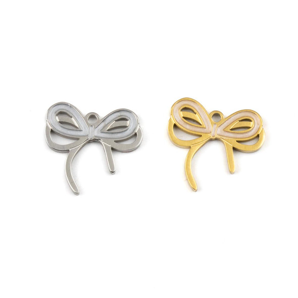 316 Stainless Steel Charm - 13.2x14.2mm Enameled White Bow, 2 per bag