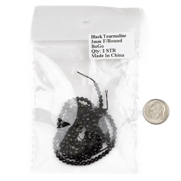 Cherry Tree Beads BOGO Black Tourmaline 3mm Faceted Round Beads - 15 inch strand 