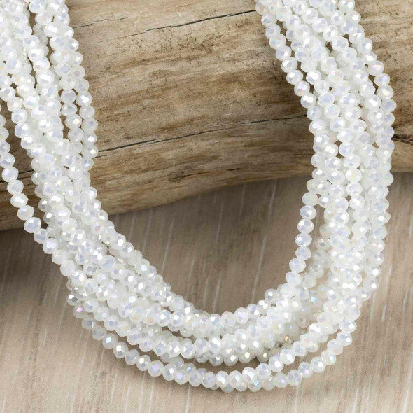 Crystal Beads - 2.5x3mm Faceted Rondelles, Opaque Pearl White with an AB finish, 15 inch strand
