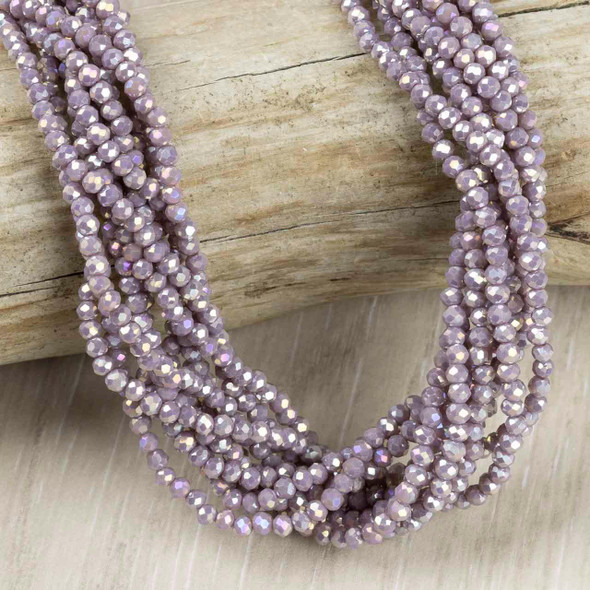 Crystal Beads - 2.5x3mm Faceted Rondelles, Opaque Light Heather Purple with an AB finish, 14 inch strand