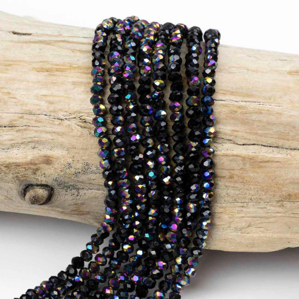 Crystal Beads - 2.5x3mm Faceted Rondelles, Opaque Midnight Rainbow, 15 inch strand