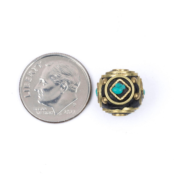 Cherry Tree Beads Tibetan Brass 11x11mm Cube Bead with Turquoise inlay - 2 per bag 
