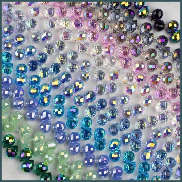 Cherry Tree Beads Crystal Beads - 8x10mm Faceted Top Drilled Rounded Teardrop with an AB finish, 8 inch strand 