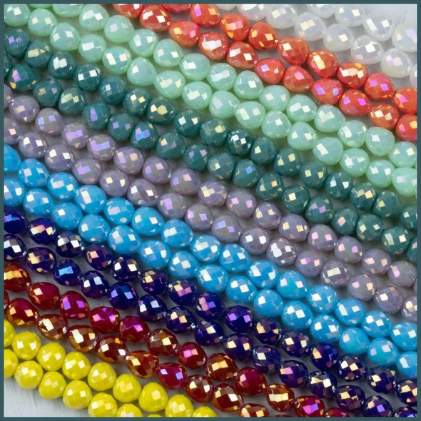 Cherry Tree Beads Crystal 6x6mm Opaque Faceted Rounded Teardrop Beads with AB Finish- 24 inch circular strand 